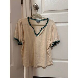 Bell Sleeve Multi Color Trim Crochet V-Neck Petite Knit Top